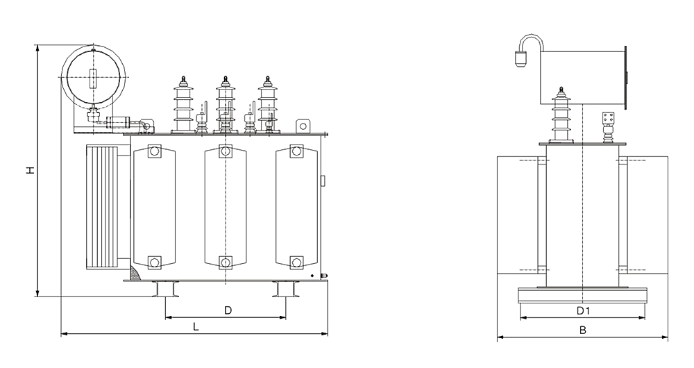 The External dimensions Diagram of the SZ11 Series 33KV Three-Phase Oil-Immersed Power Transformer