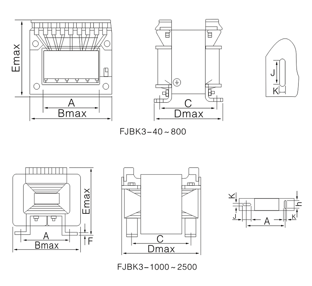 The External Dimensions Diagram of the FJBK3 Series Single-Phase Machine Tool Control Transformer