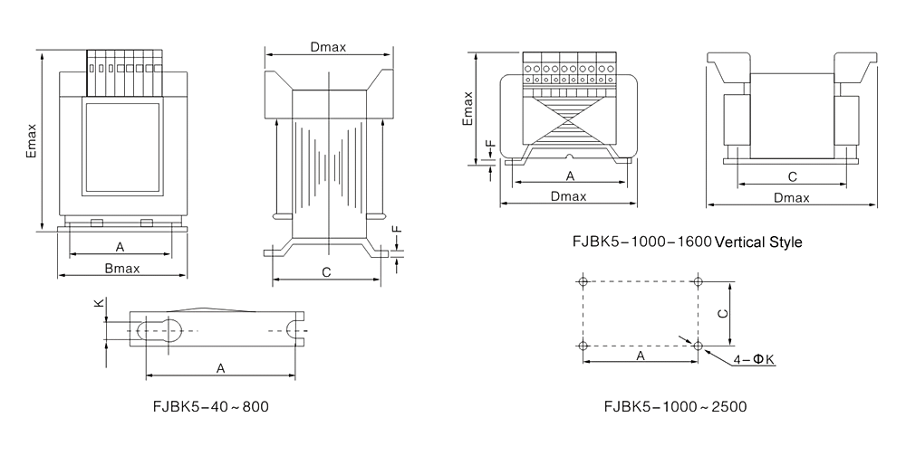 The External dimensions diagram of the FJBK5,FJBK6 Series Single-Phase Machine Tool Control Transformer