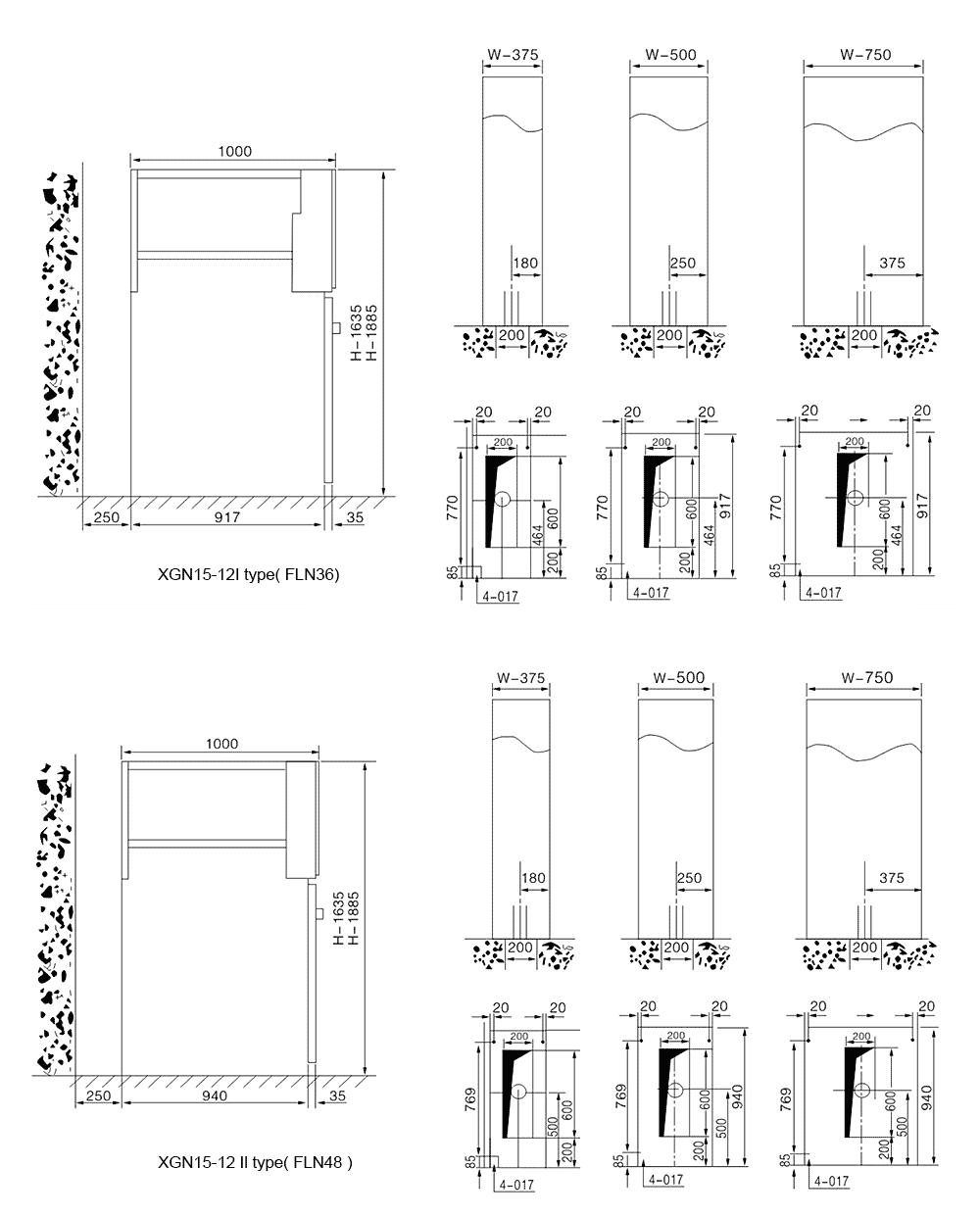 The External Dimensions And Mounting Dimensions Diagram of the XGN15-12 AC Metal-Enclosed Ring Network Switchgear, RMU