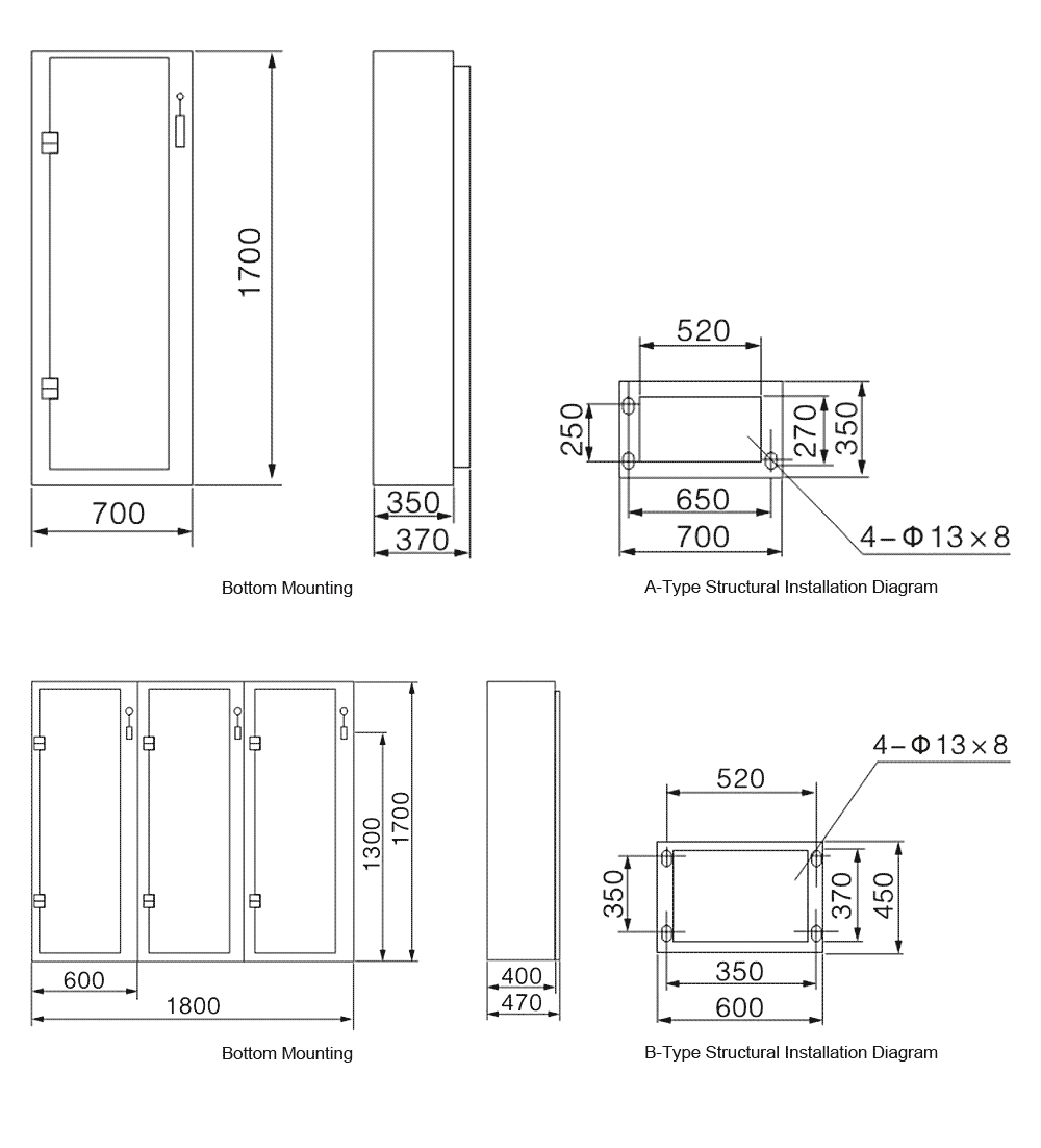 The External Dimensions And Mounting Dimensions Diagram of the XL-21 Low-Voltage Power Distribution Cabinet